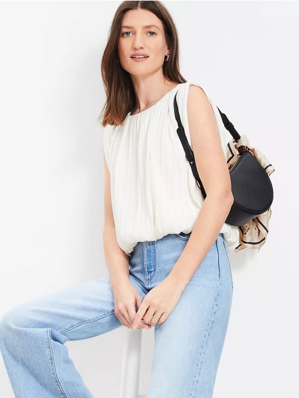 LOFT Cream Sleeveless Pleated Blouse - Picture 3 of 9